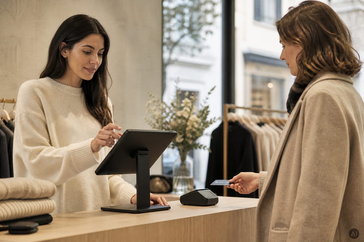 Verkauf am Tresen in einer Fashion Boutique mit Tablet-Kassensystem. KI-generiertes Motiv, keine echte Aufnahme.