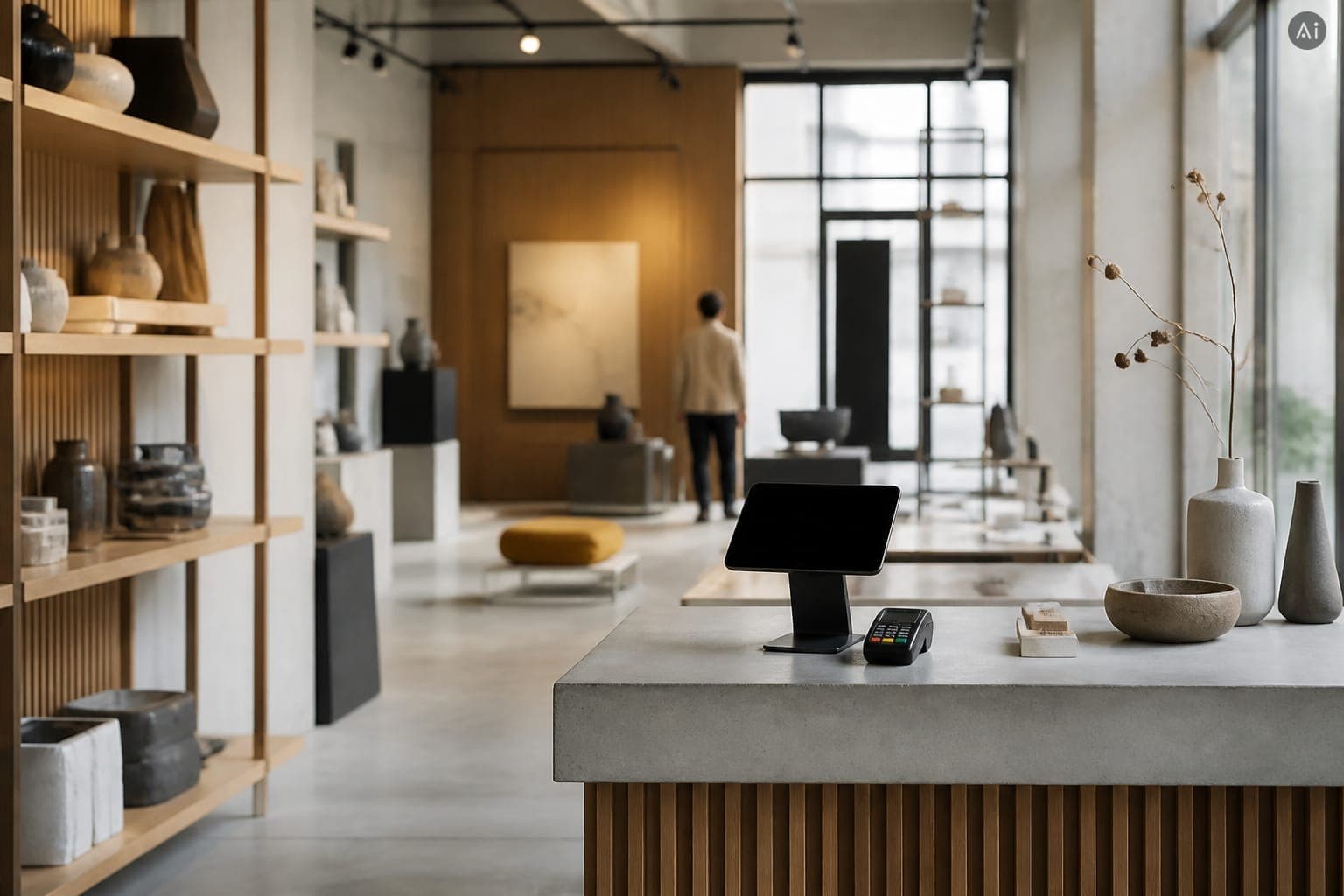 Concept Store mit kuratiertem Regal und Kassentresen. KI-generiertes Motiv, keine echte Aufnahme.