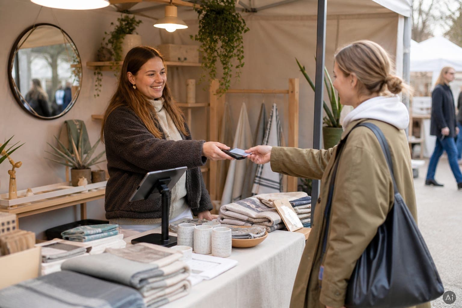 Pop-up-Stand mit mobiler Tablet-Kasse und Kartenterminal. KI-generiertes Motiv, keine echte Aufnahme.