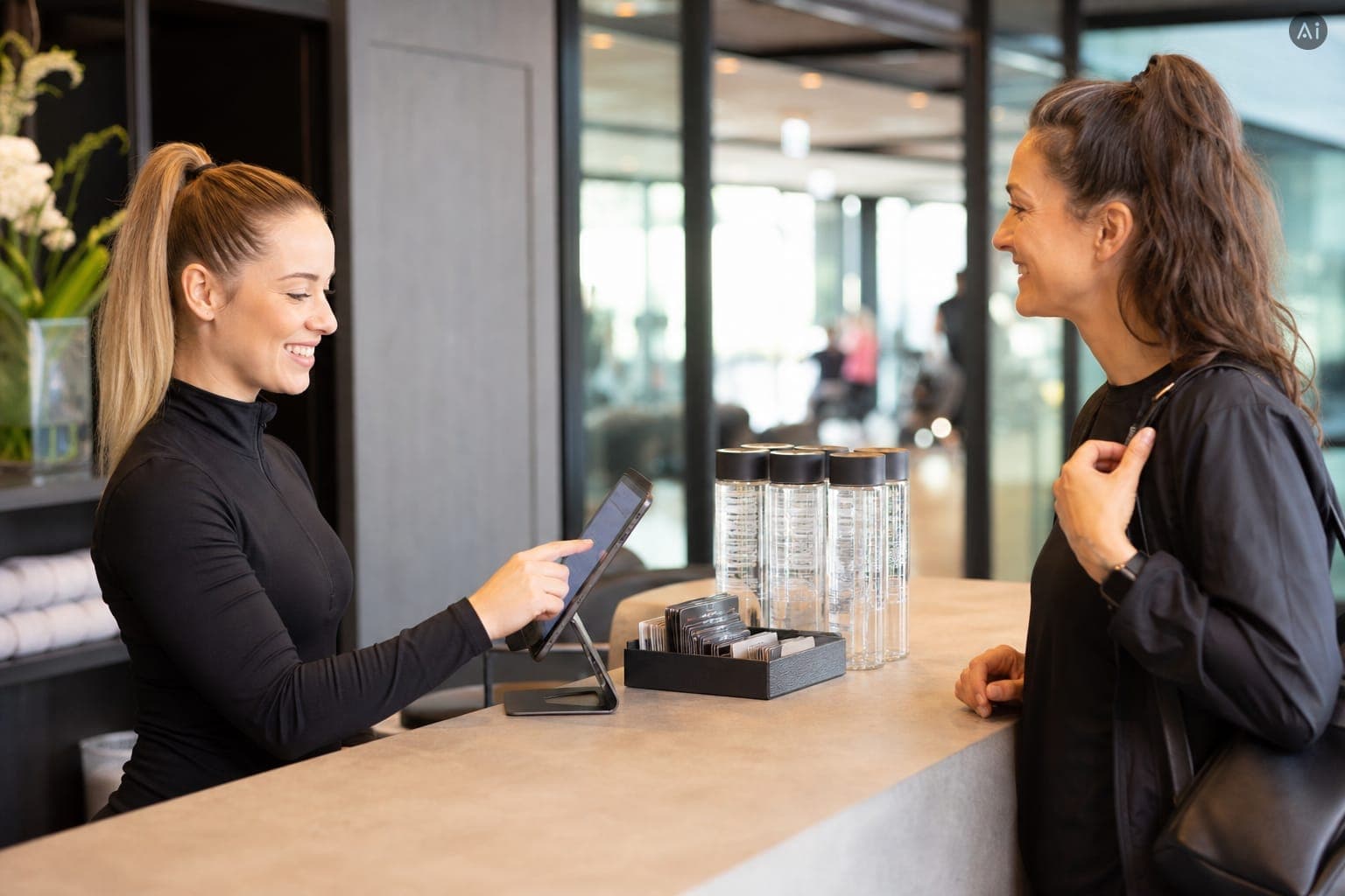 Studio- oder Club-Empfang mit Check-in und digitaler Kasse. KI-generiertes Motiv, keine echte Aufnahme.