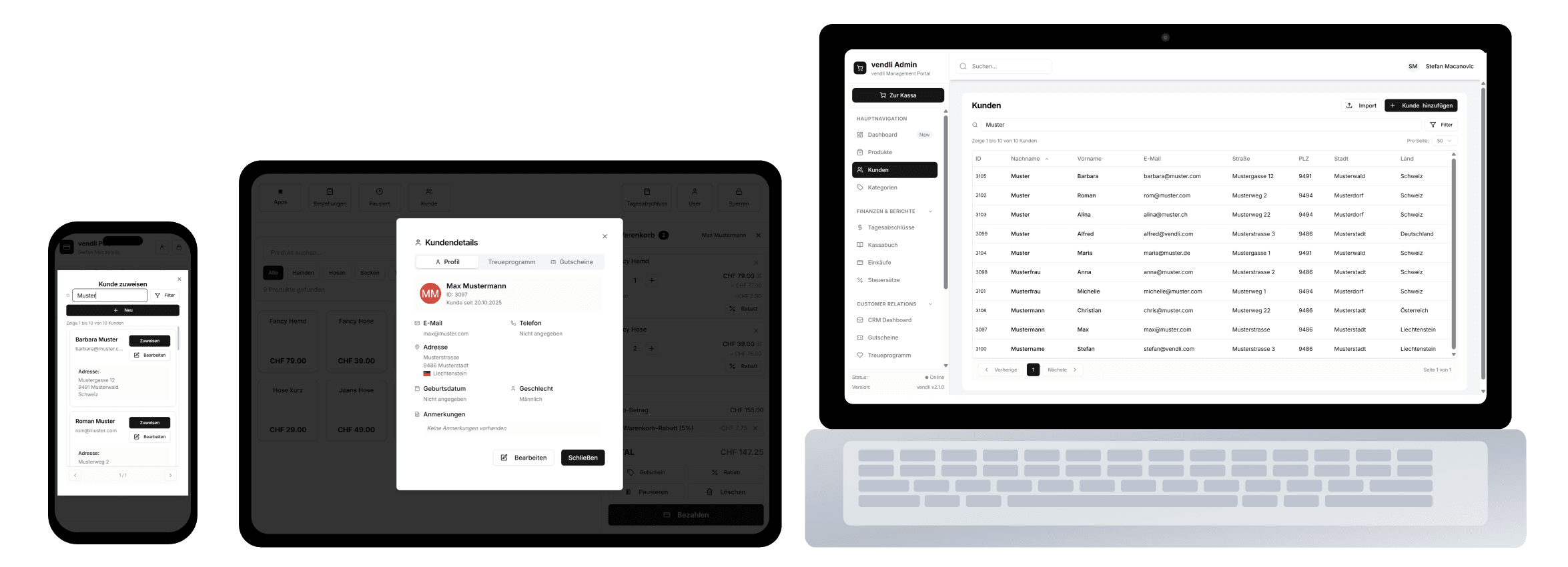 Vendli Kundenverwaltung - Mobile, Tablet und Desktop Ansicht