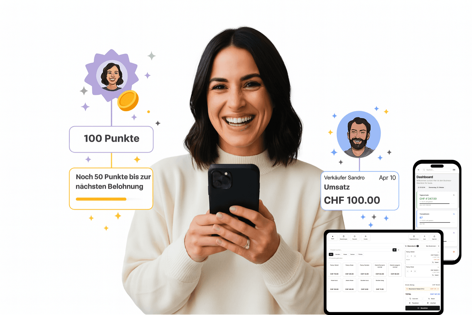 Vendli Platform - Frau mit Smartphone zeigt Treuepunkte, Verkaufsbenachrichtigungen und Dashboard-Ansichten