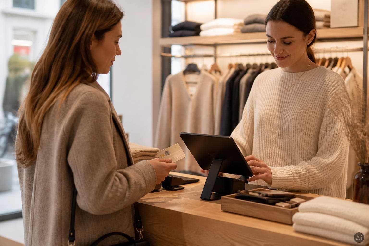 Vendli Kassensystem am Boutique-Tresen mit SumUp-Kartenzahlung. KI-generiertes Motiv, keine echte Aufnahme.