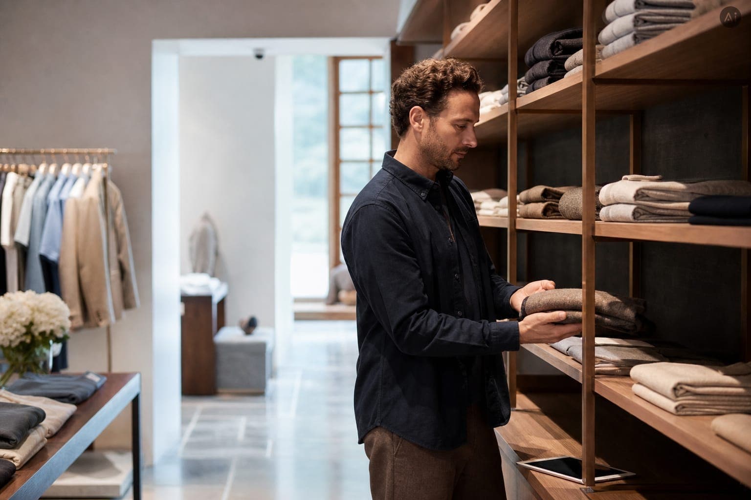 Boutique-Sortiment mit Lagerverwaltung für Laden und Shopify-Shop. KI-generiertes Motiv, keine echte Aufnahme.
